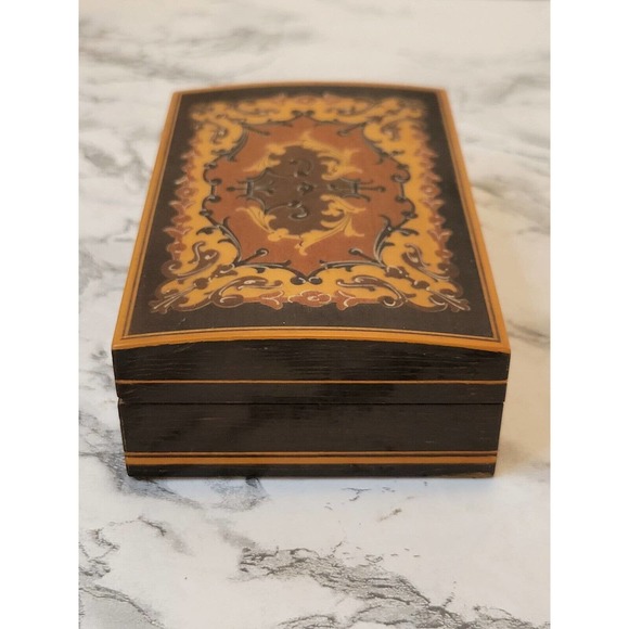 Lacquered Wood Box Marketry Inlaid Domed Hinged Handmade Jewelry Cigarette Box - Picture 4 of 10